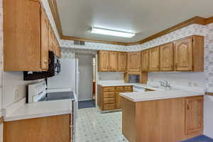 Kitchen with electric range, sink, dishwasher, kitchen peninsula, and ornamental molding