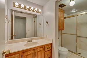 Bathroom with tile patterned flooring, a shower with door, vanity, and toilet