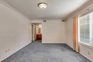 Spare room featuring dark colored carpet and ornamental molding