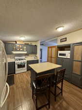 Kitchen with gray cabinetry, light wood-type flooring, white appliances, and a textured ceiling