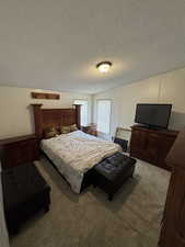 Carpeted bedroom featuring a textured ceiling and lofted ceiling