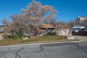 Front of home featuring a 2-car garage & a wooded front yard