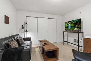 Living room with light colored carpet