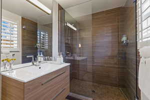 Bathroom with vanity and walk in shower