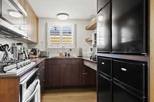 Kitchen featuring dark brown cabinetry, sink, stainless steel appliances, and light hardwood / wood-style floors