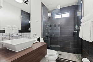 Bathroom featuring backsplash, toilet, vanity, a shower with shower door, and tile walls