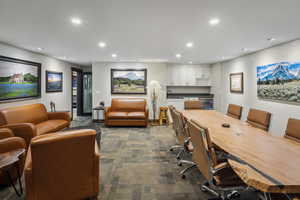 Home office with wine cooler and carpet floors