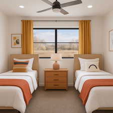 Carpeted bedroom featuring recessed lighting and a ceiling fan