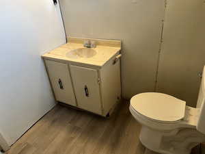 Bathroom featuring vanity, hardwood / wood-style flooring, and toilet