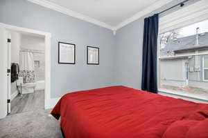 Bedroom featuring connected bathroom, carpet floors, and ornamental molding