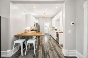 Kitchen featuring wood counters, white cabinetry, kitchen peninsula, and hanging light fixtures