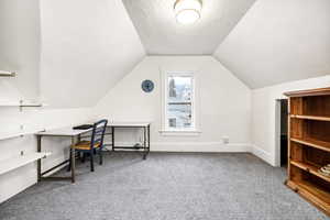 Carpeted bedroom featuring a textured ceiling and vaulted ceiling