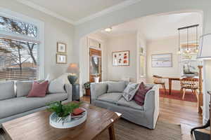 Living room featuring hardwood / wood-style floors, ornamental molding, and a chandelier