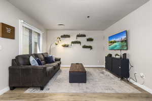 Living room featuring a textured ceiling and hardwood / wood-style flooring