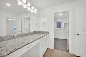 Bathroom with hardwood / wood-style floors and vanity