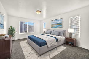 Digitally Staged Bedroom with light colored carpet