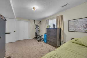 Bedroom with a textured ceiling, light colored carpet, and a closet