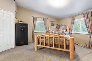 Bedroom featuring carpet flooring and lofted ceiling