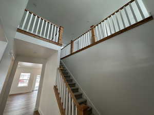 Vaulted ceiling, painted and stained railing at entry and second floor landing.