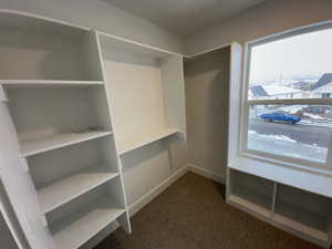 Owner's walk in closet with space saver organization and shelving.