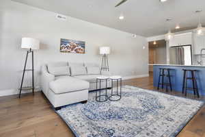 Living room with dark hardwood / wood-style floors