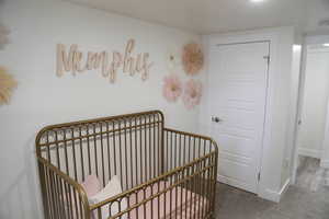 Carpeted bedroom featuring a nursery area