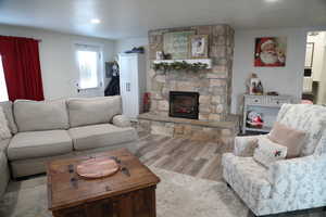 Living room featuring a fireplace and wood-type flooring