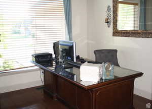 Home office featuring dark hardwood / wood-style flooring and a wealth of natural light