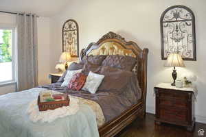 Master Bedroom with dark hardwood / wood-style floors and vaulted ceiling