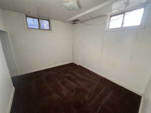 Basement with dark colored carpet