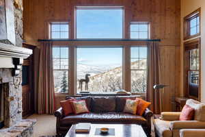 Carpeted living room featuring a mountain view, a stone fireplace, plenty of natural light, and wooden walls