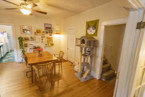 Dining area featuring ceiling fan, a textured ceiling, and hardwood / wood-style flooring