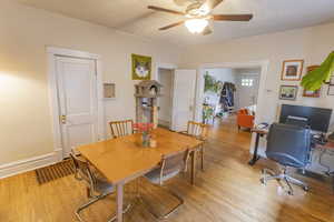 Dining room featuring ceiling fan, a textured ceiling, and light hardwood / wood-style flooring