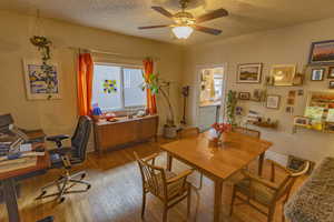 Dining room with ceiling fan, light hardwood / wood-style floors, and a textured ceiling