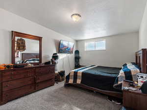 Carpeted bedroom with a textured ceiling