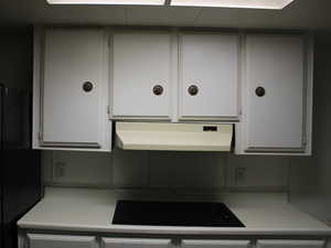 Kitchen with white cabinetry, black appliances, and ventilation hood