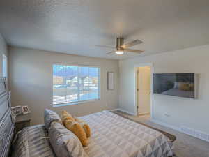 Carpeted bedroom featuring ceiling fan and a textured ceiling