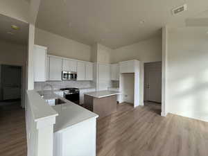 Kitchen with a center island, a high ceiling, white cabinets, sink, and appliances with stainless steel finishes. A pantry is concealed behind the cabinetry to the right of the stove.