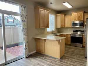 Kitchen featuring kitchen peninsula, sink, stainless steel appliances, and light wood-type flooring