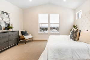 Carpeted bedroom featuring vaulted ceiling