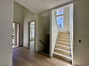 Staircase with plenty of natural light and wood finished floors