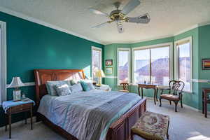 Carpeted bedroom with ceiling fan, a mountain view, ornamental molding, and a textured ceiling