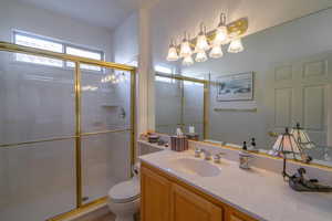 2nd Bathroom featuring vanity, toilet, and a walk-in shower with shower door