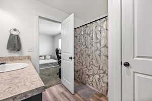 Bathroom featuring hardwood / wood-style flooring, vanity, and curtained shower