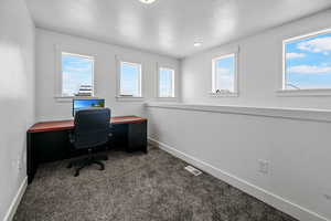 Office area featuring dark carpet and a wealth of natural light