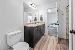 Bathroom featuring wood-type flooring, vanity, and toilet