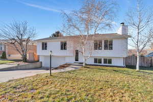 Bi-level home featuring a garage and a front yard