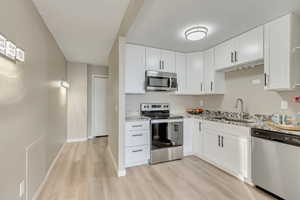 Kitchen with sink, light stone countertops, appliances with stainless steel finishes, light hardwood / wood-style floors, and white cabinetry