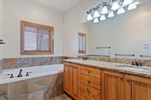 Master Bathroom featuring vanity and a relaxing tiled tub