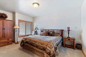 View of carpeted bedroom 1 of 2 bedrooms in basement.